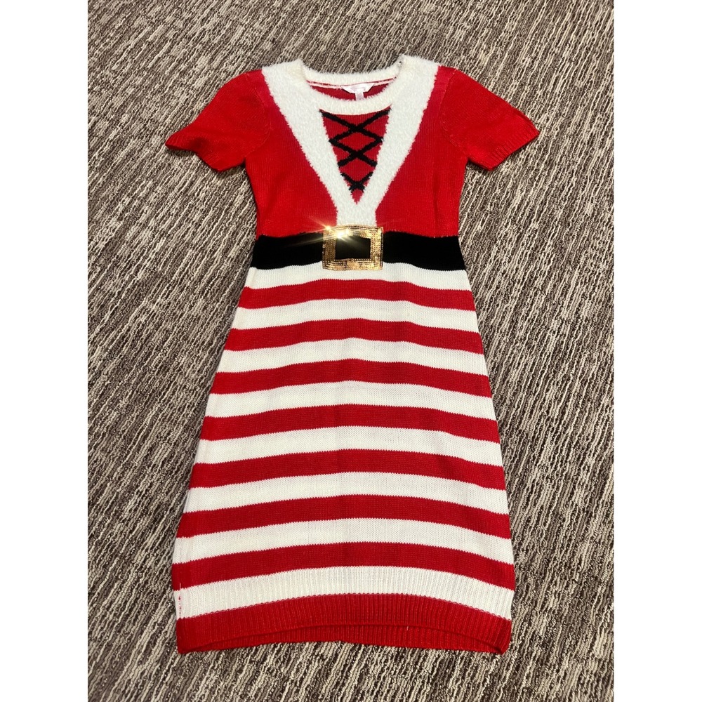 No Boundaries Santa Claus Sweater Dress Red White Striped Sequin Buckle XS 1